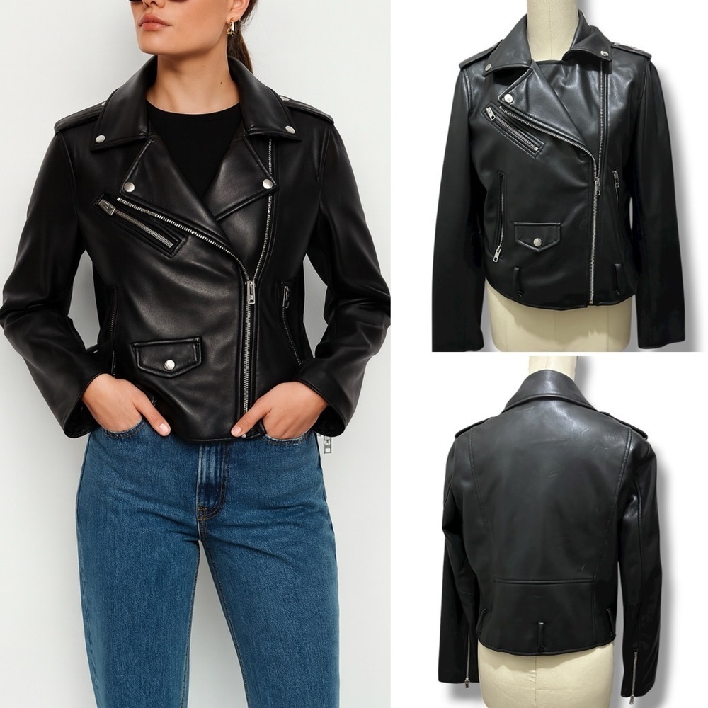 457 ZARA | NWOT Women’s Black Faux Leather Moto Biker Jacket (size M)